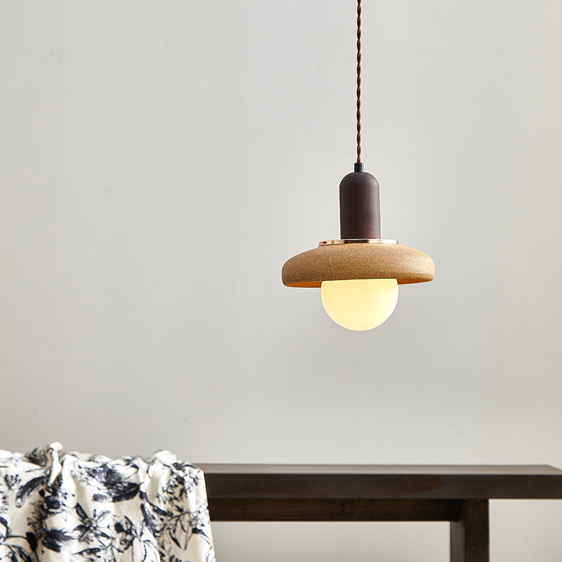 Traditional Japanese Ceramic & Wood Bowl Disc 1-Light Pendant Light For Bedside & Dining Room