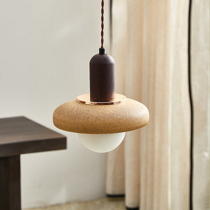 Traditional Japanese Ceramic & Wood Bowl Disc 1-Light Pendant Light For Bedside & Dining Room