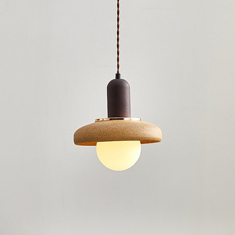 Traditional Japanese Ceramic & Wood Bowl Disc 1-Light Pendant Light For Bedside & Dining Room