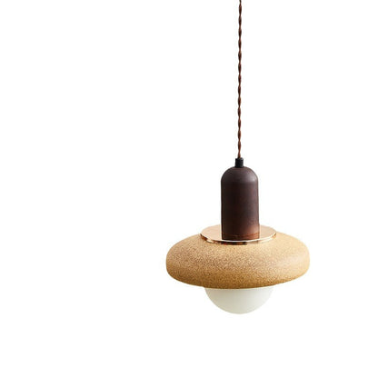 Traditional Japanese Ceramic & Wood Bowl Disc 1-Light Pendant Light For Bedside & Dining Room