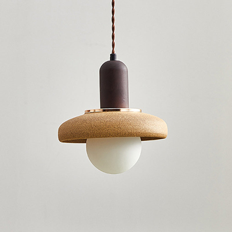 Traditional Japanese Ceramic & Wood Bowl Disc 1-Light Pendant Light For Bedside & Dining Room