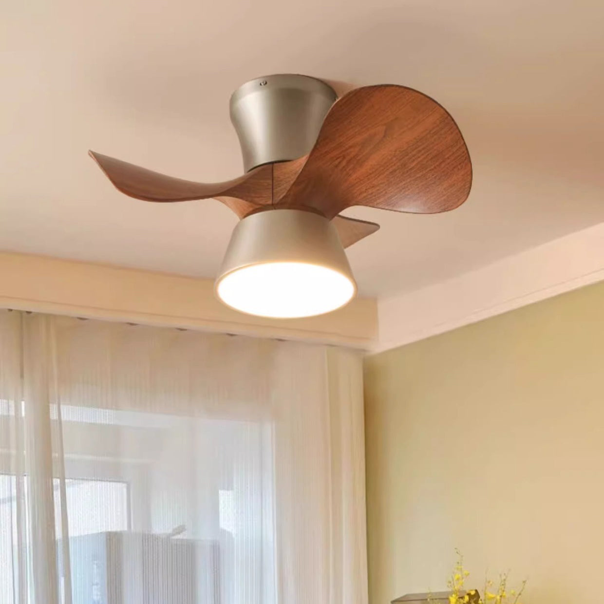 Modern Mid-century Iron Abs Acrylic Round LED Semi-flush Mount Ceiling Fan Light for Living Room & Bedroom