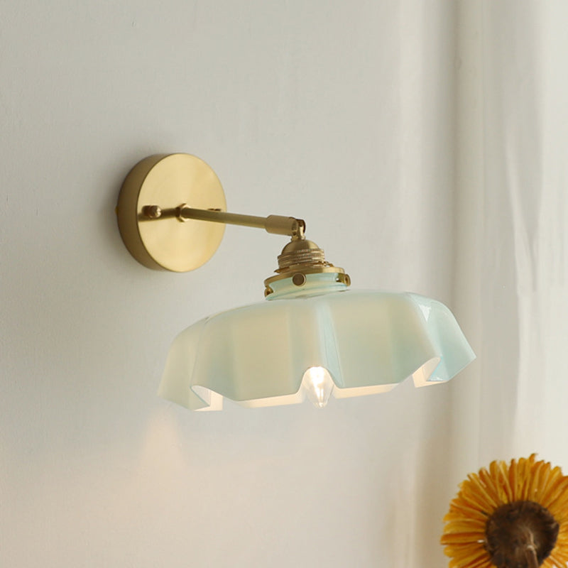 Traditional French Glass Brass Iron Pleated Hanging 1-Light Wall Sconce Lamp For Bedroom