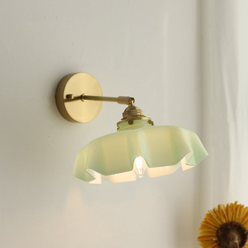 Traditional French Glass Brass Iron Pleated Hanging 1-Light Wall Sconce Lamp For Bedroom