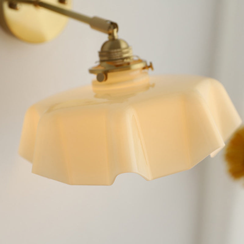 Traditional French Glass Brass Iron Pleated Hanging 1-Light Wall Sconce Lamp For Bedroom