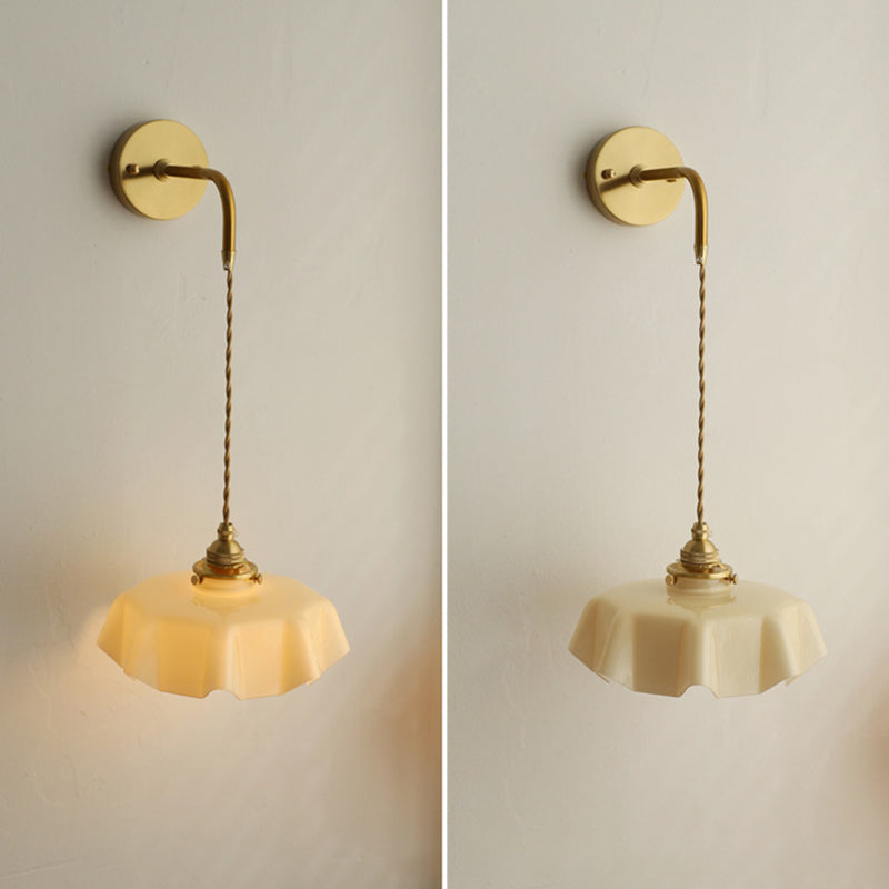 Traditional French Glass Brass Iron Pleated Hanging 1-Light Wall Sconce Lamp For Bedroom