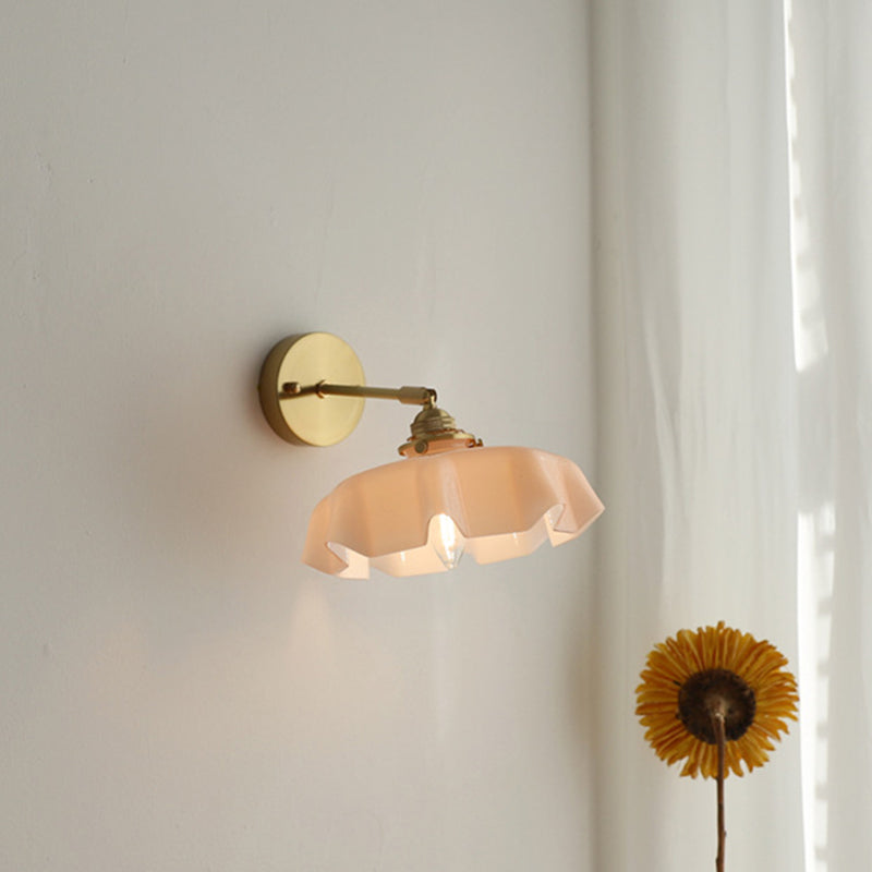 Traditional French Glass Brass Iron Pleated Hanging 1-Light Wall Sconce Lamp For Bedroom