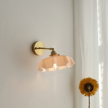 Traditional French Glass Brass Iron Pleated Hanging 1-Light Wall Sconce Lamp For Bedroom