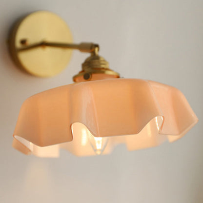 Traditional French Glass Brass Iron Pleated Hanging 1-Light Wall Sconce Lamp For Bedroom