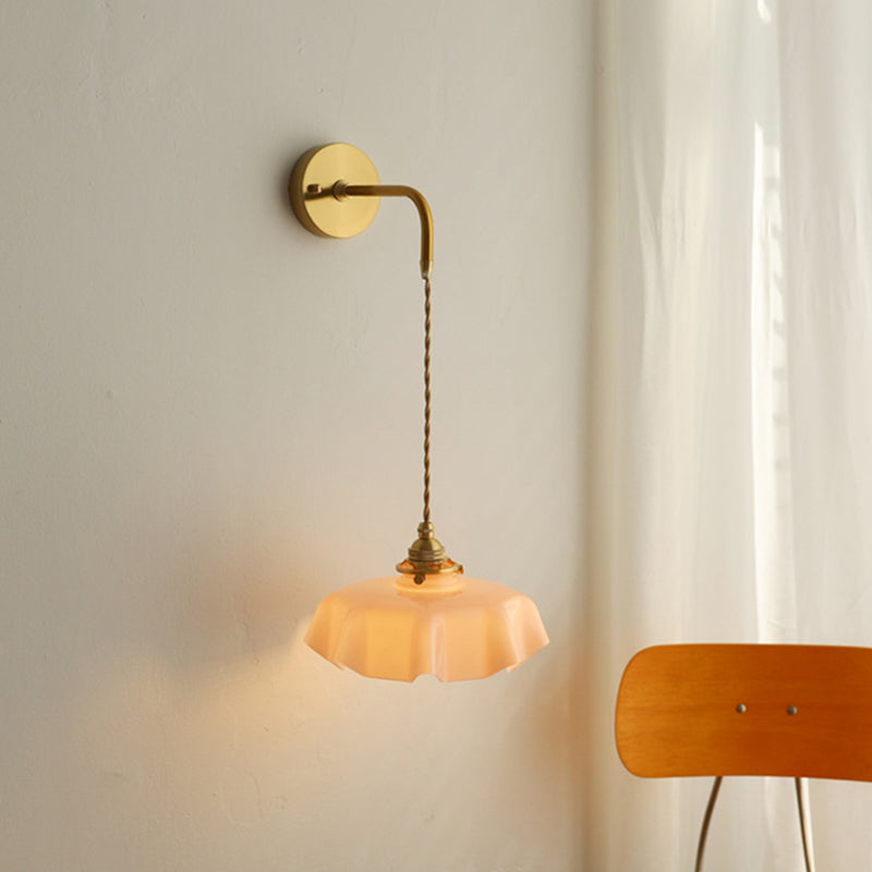 Traditional French Glass Brass Iron Pleated Hanging 1-Light Wall Sconce Lamp For Bedroom