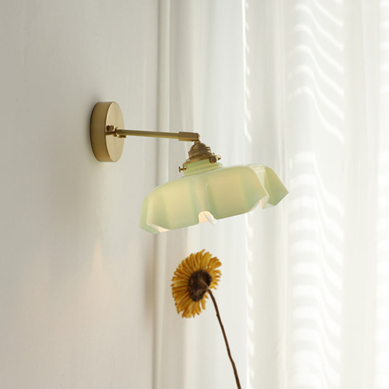 Traditional French Glass Brass Iron Pleated Hanging 1-Light Wall Sconce Lamp For Bedroom