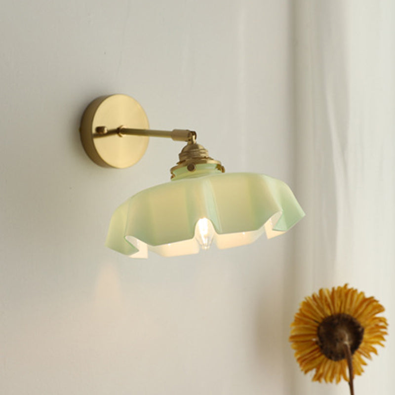 Traditional French Glass Brass Iron Pleated Hanging 1-Light Wall Sconce Lamp For Bedroom