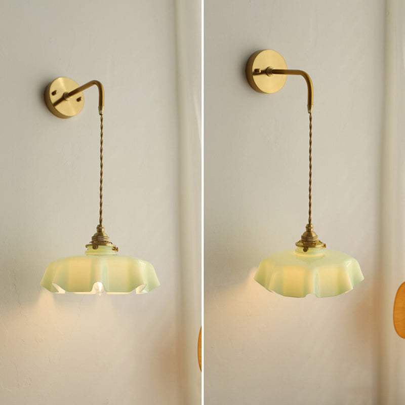 Traditional French Glass Brass Iron Pleated Hanging 1-Light Wall Sconce Lamp For Bedroom