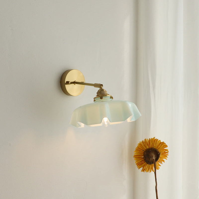 Traditional French Glass Brass Iron Pleated Hanging 1-Light Wall Sconce Lamp For Bedroom