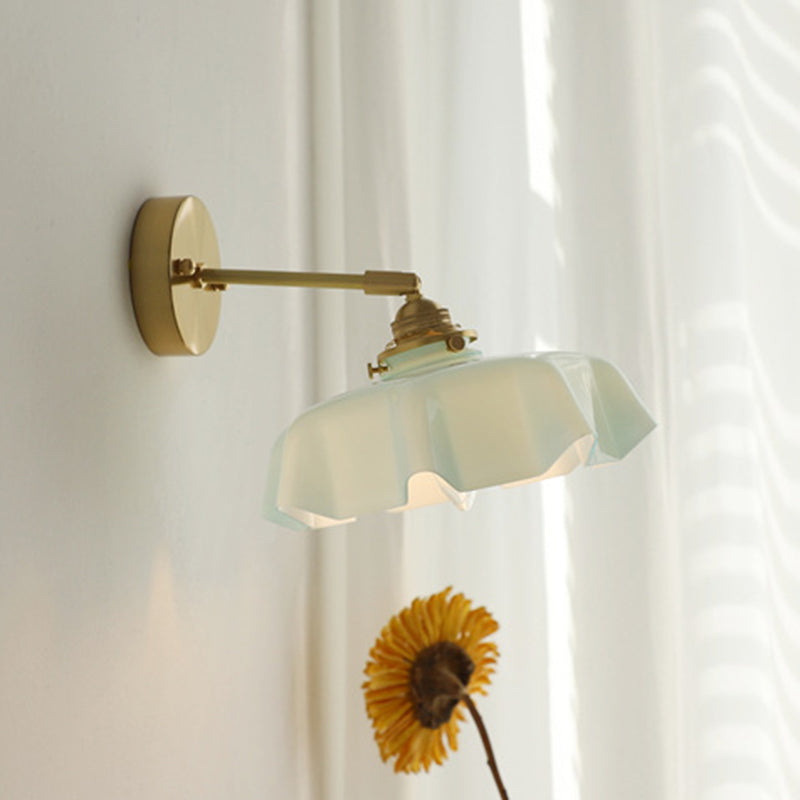 Traditional French Glass Brass Iron Pleated Hanging 1-Light Wall Sconce Lamp For Bedroom