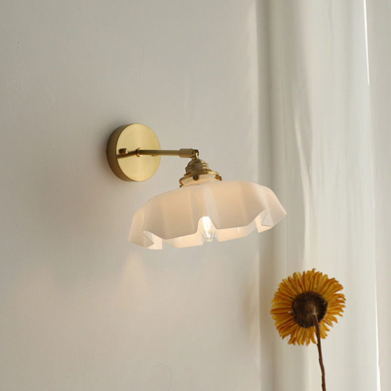 Traditional French Glass Brass Iron Pleated Hanging 1-Light Wall Sconce Lamp For Bedroom