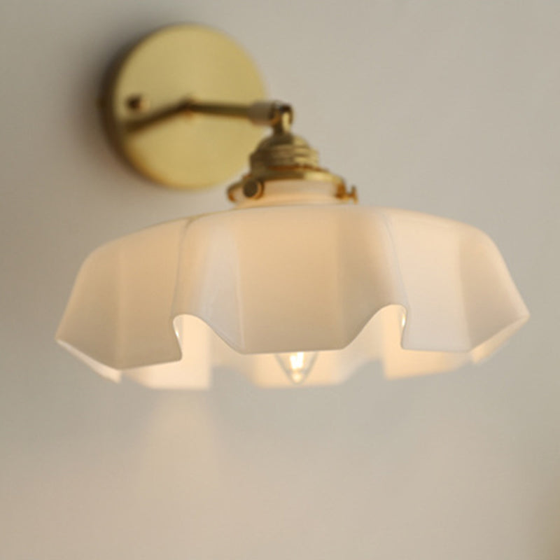 Traditional French Glass Brass Iron Pleated Hanging 1-Light Wall Sconce Lamp For Bedroom