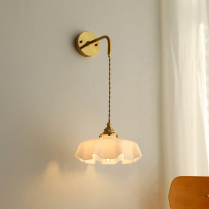 Traditional French Glass Brass Iron Pleated Hanging 1-Light Wall Sconce Lamp For Bedroom
