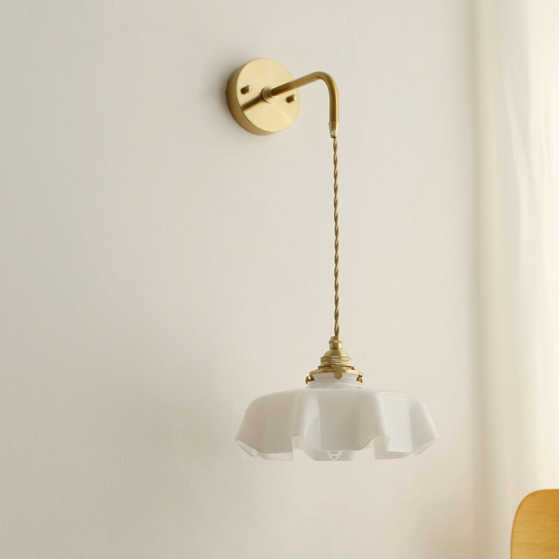 Traditional French Glass Brass Iron Pleated Hanging 1-Light Wall Sconce Lamp For Bedroom