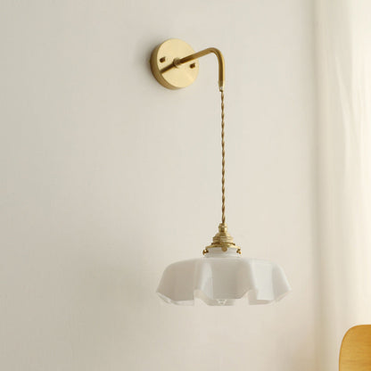 Traditional French Glass Brass Iron Pleated Hanging 1-Light Wall Sconce Lamp For Bedroom