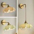 Traditional French Glass Brass Iron Pleated Hanging 1-Light Wall Sconce Lamp For Bedroom