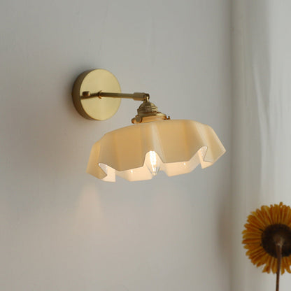 Traditional French Glass Brass Iron Pleated Hanging 1-Light Wall Sconce Lamp For Bedroom