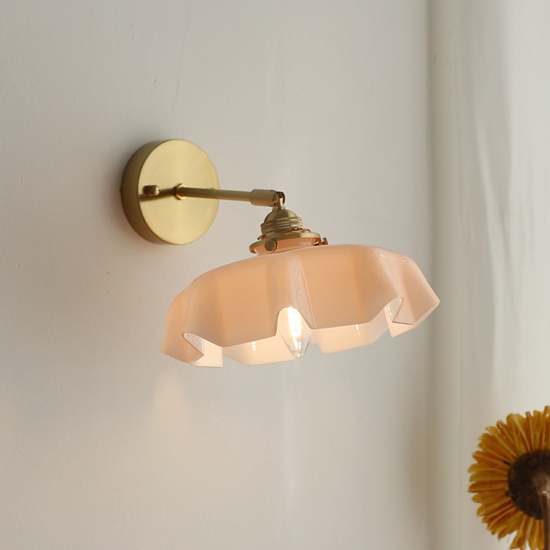 Traditional French Glass Brass Iron Pleated Hanging 1-Light Wall Sconce Lamp For Bedroom