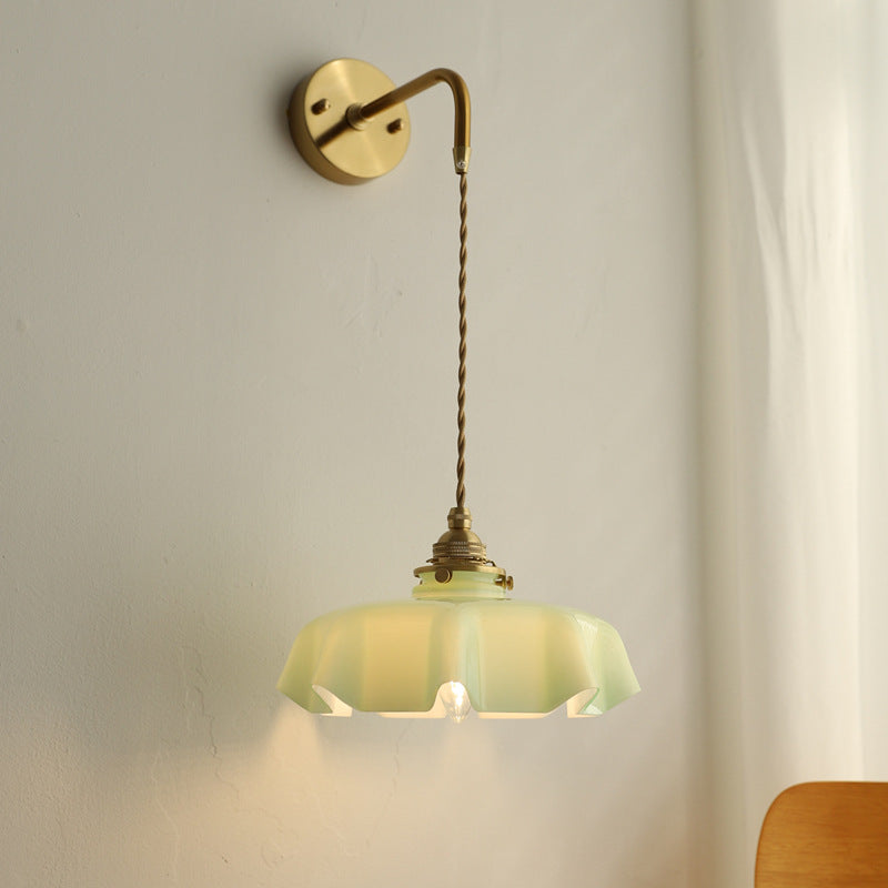 Traditional French Glass Brass Iron Pleated Hanging 1-Light Wall Sconce Lamp For Bedroom