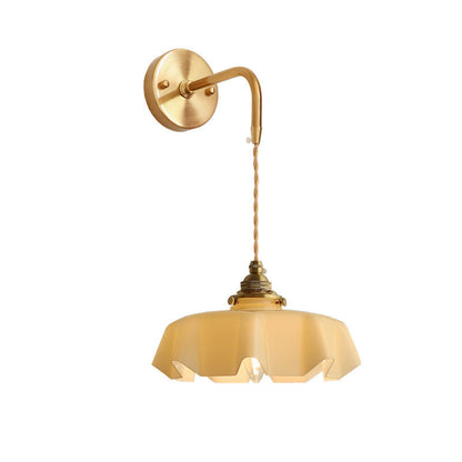 Traditional French Glass Brass Iron Pleated Hanging 1-Light Wall Sconce Lamp For Bedroom