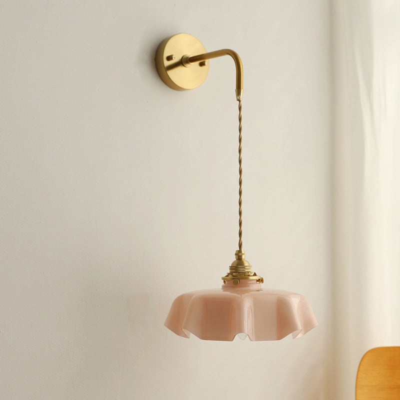 Traditional French Glass Brass Iron Pleated Hanging 1-Light Wall Sconce Lamp For Bedroom