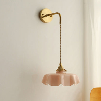 Traditional French Glass Brass Iron Pleated Hanging 1-Light Wall Sconce Lamp For Bedroom