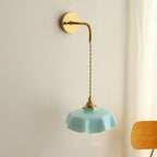 Traditional French Glass Brass Iron Pleated Hanging 1-Light Wall Sconce Lamp For Bedroom