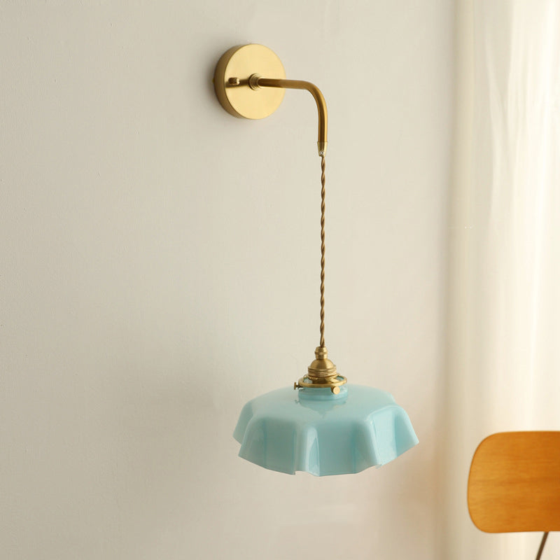 Traditional French Glass Brass Iron Pleated Hanging 1-Light Wall Sconce Lamp For Bedroom