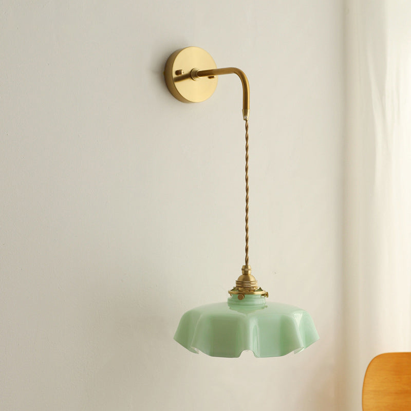 Traditional French Glass Brass Iron Pleated Hanging 1-Light Wall Sconce Lamp For Bedroom