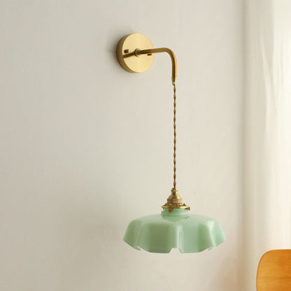 Traditional French Glass Brass Iron Pleated Hanging 1-Light Wall Sconce Lamp For Bedroom
