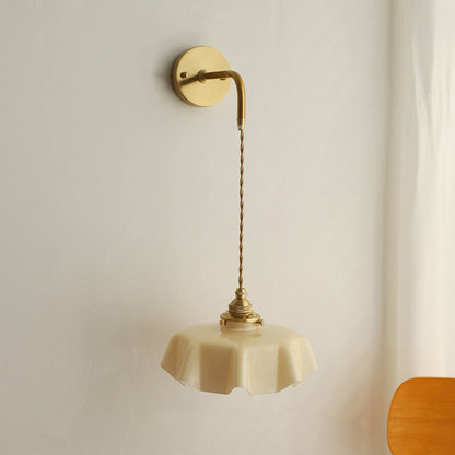 Traditional French Glass Brass Iron Pleated Hanging 1-Light Wall Sconce Lamp For Bedroom