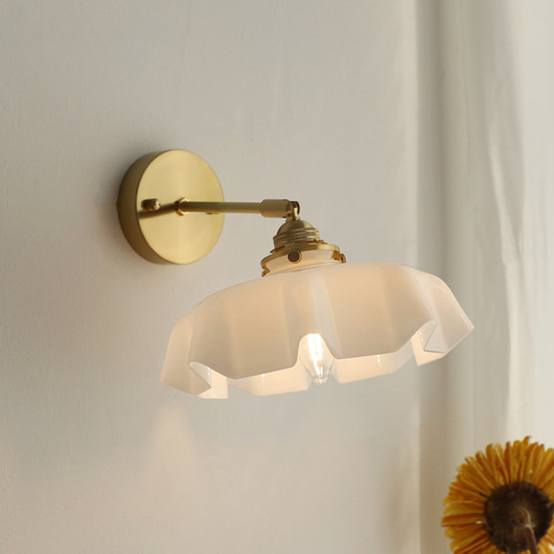 Traditional French Glass Brass Iron Pleated Hanging 1-Light Wall Sconce Lamp For Bedroom