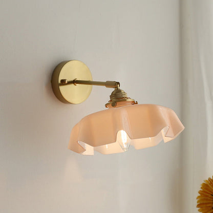 Traditional French Glass Brass Iron Pleated Hanging 1-Light Wall Sconce Lamp For Bedroom