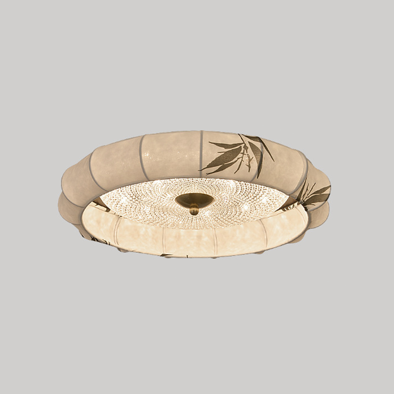 Traditional Chinese Iron Zinc Alloy Fabric Acrylic Round LED Flush Mount Ceiling Light For Bedroom