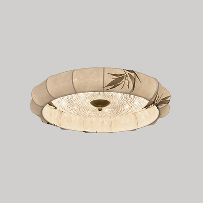 Traditional Chinese Iron Zinc Alloy Fabric Acrylic Round LED Flush Mount Ceiling Light For Bedroom