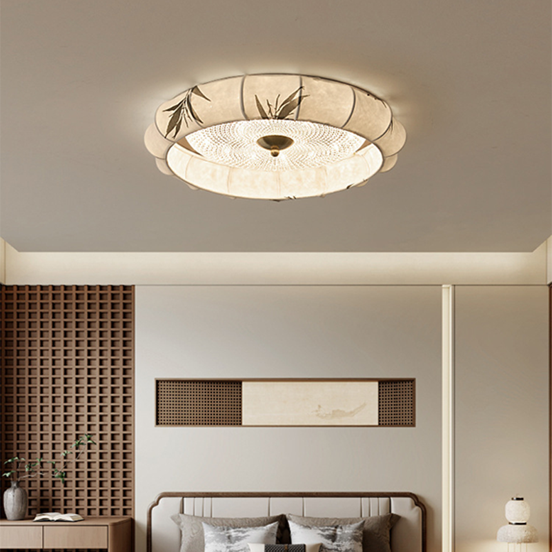 Traditional Chinese Iron Zinc Alloy Fabric Acrylic Round LED Flush Mount Ceiling Light For Bedroom