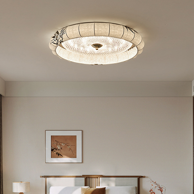 Traditional Chinese Iron Zinc Alloy Fabric Acrylic Round LED Flush Mount Ceiling Light For Bedroom