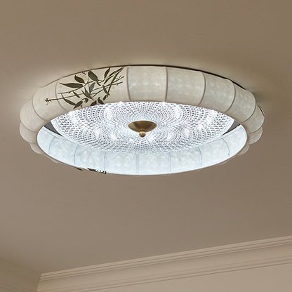 Traditional Chinese Iron Zinc Alloy Fabric Acrylic Round LED Flush Mount Ceiling Light For Bedroom