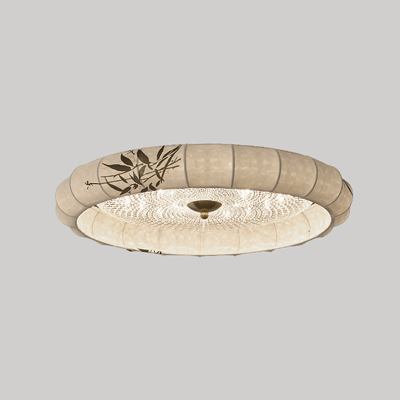 Traditional Chinese Iron Zinc Alloy Fabric Acrylic Round LED Flush Mount Ceiling Light For Bedroom
