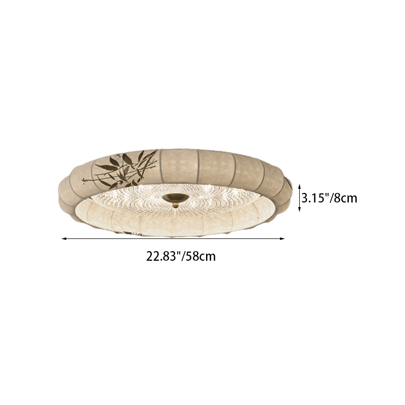 Traditional Chinese Iron Zinc Alloy Fabric Acrylic Round LED Flush Mount Ceiling Light For Bedroom