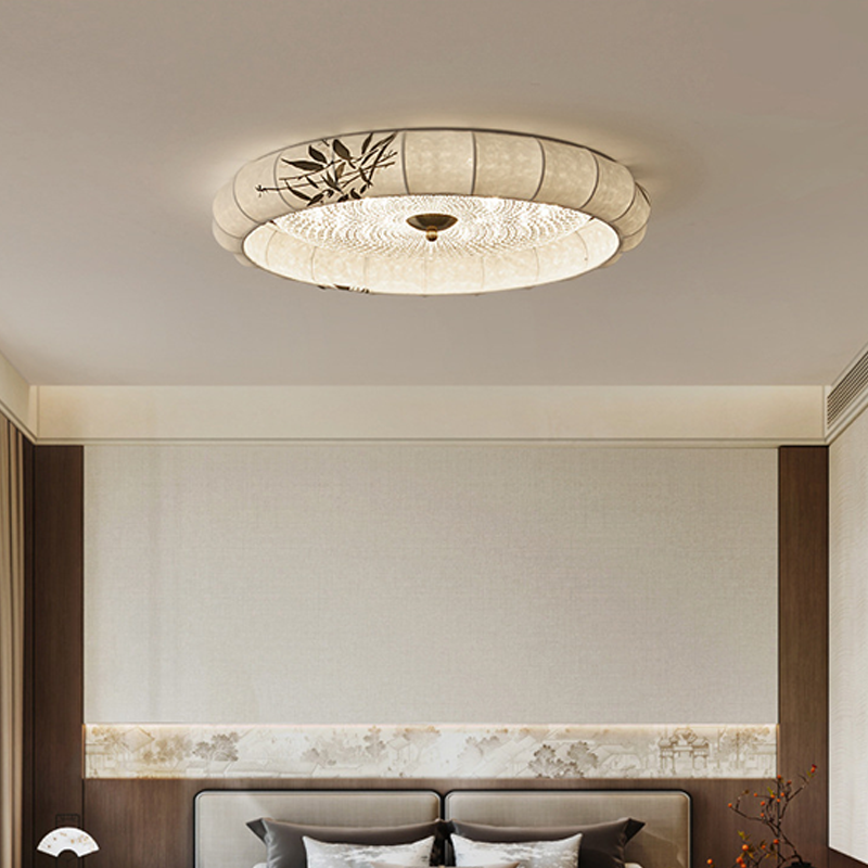 Traditional Chinese Iron Zinc Alloy Fabric Acrylic Round LED Flush Mount Ceiling Light For Bedroom