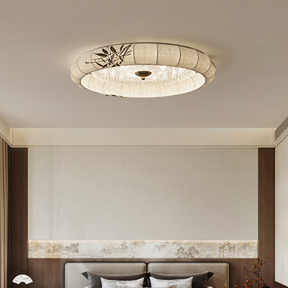 Traditional Chinese Iron Zinc Alloy Fabric Acrylic Round LED Flush Mount Ceiling Light For Bedroom