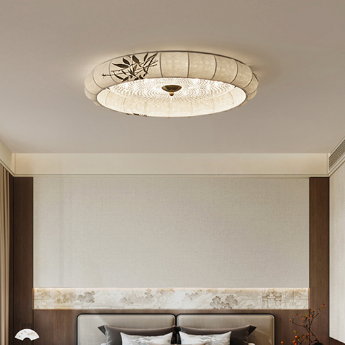 Traditional Chinese Iron Zinc Alloy Fabric Acrylic Round LED Flush Mount Ceiling Light For Bedroom
