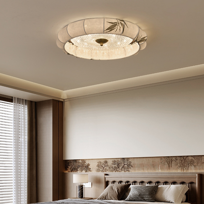 Traditional Chinese Iron Zinc Alloy Fabric Acrylic Round LED Flush Mount Ceiling Light For Bedroom
