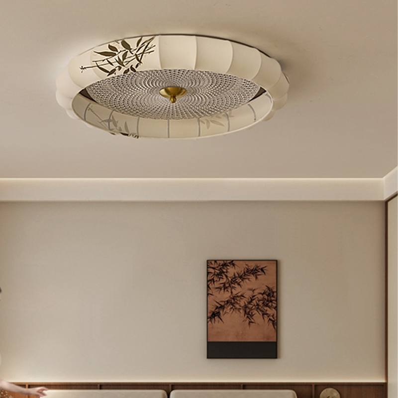 Traditional Chinese Iron Zinc Alloy Fabric Acrylic Round LED Flush Mount Ceiling Light For Bedroom